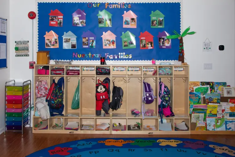 Rows of cubbies with backpacks under a board of paper houses titled Our Families