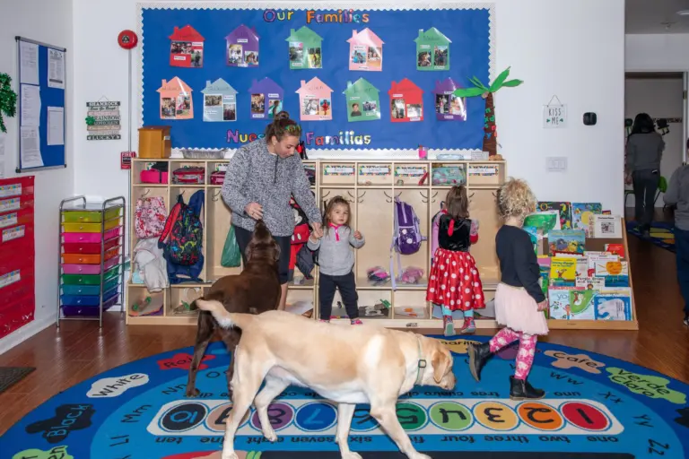 Children hang up their backpacks at the cubbies under the Our Families board while a Labrador trots past