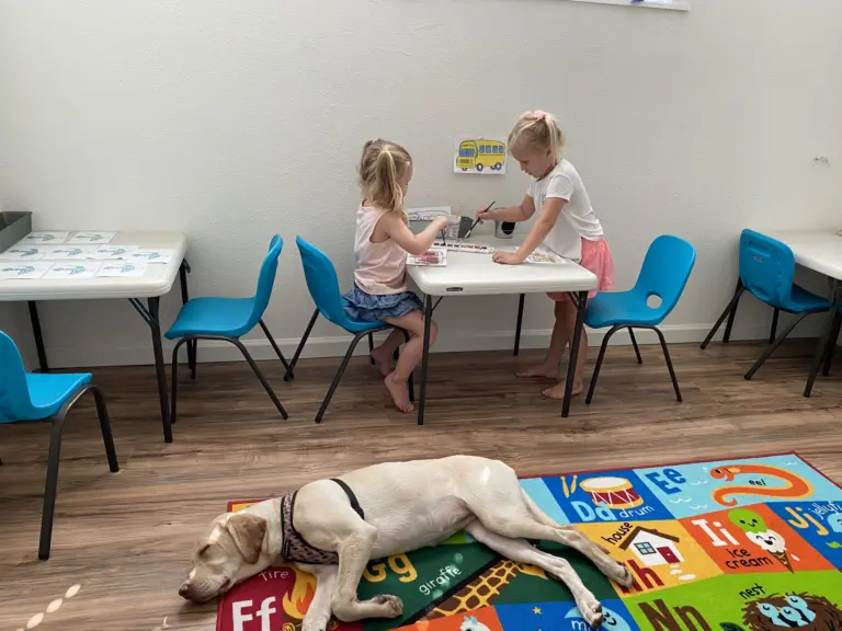 A yellow Labrador stretches out on the classroom rug while two girls play at a table behind it