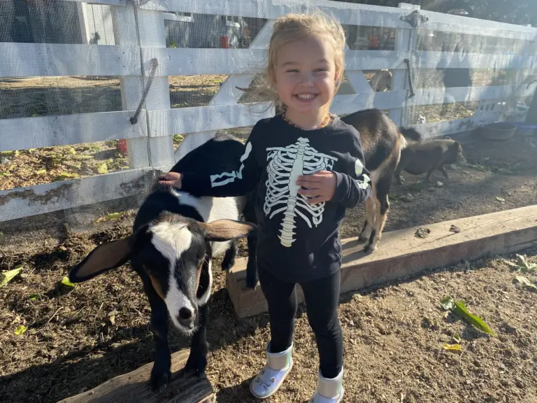 A grinning girl in a skeleton costume stands beside a black goat in the farm pen on a dress-up day