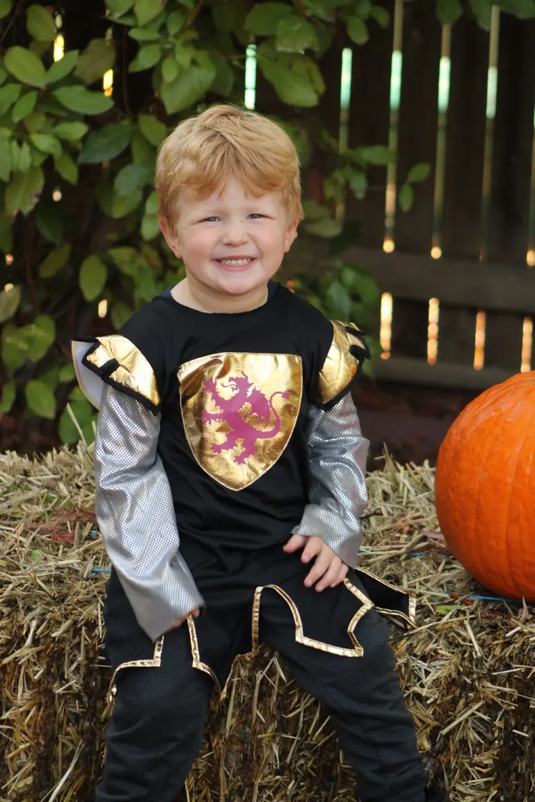 A little knight with a shield sits on a hay bale beside a pumpkin